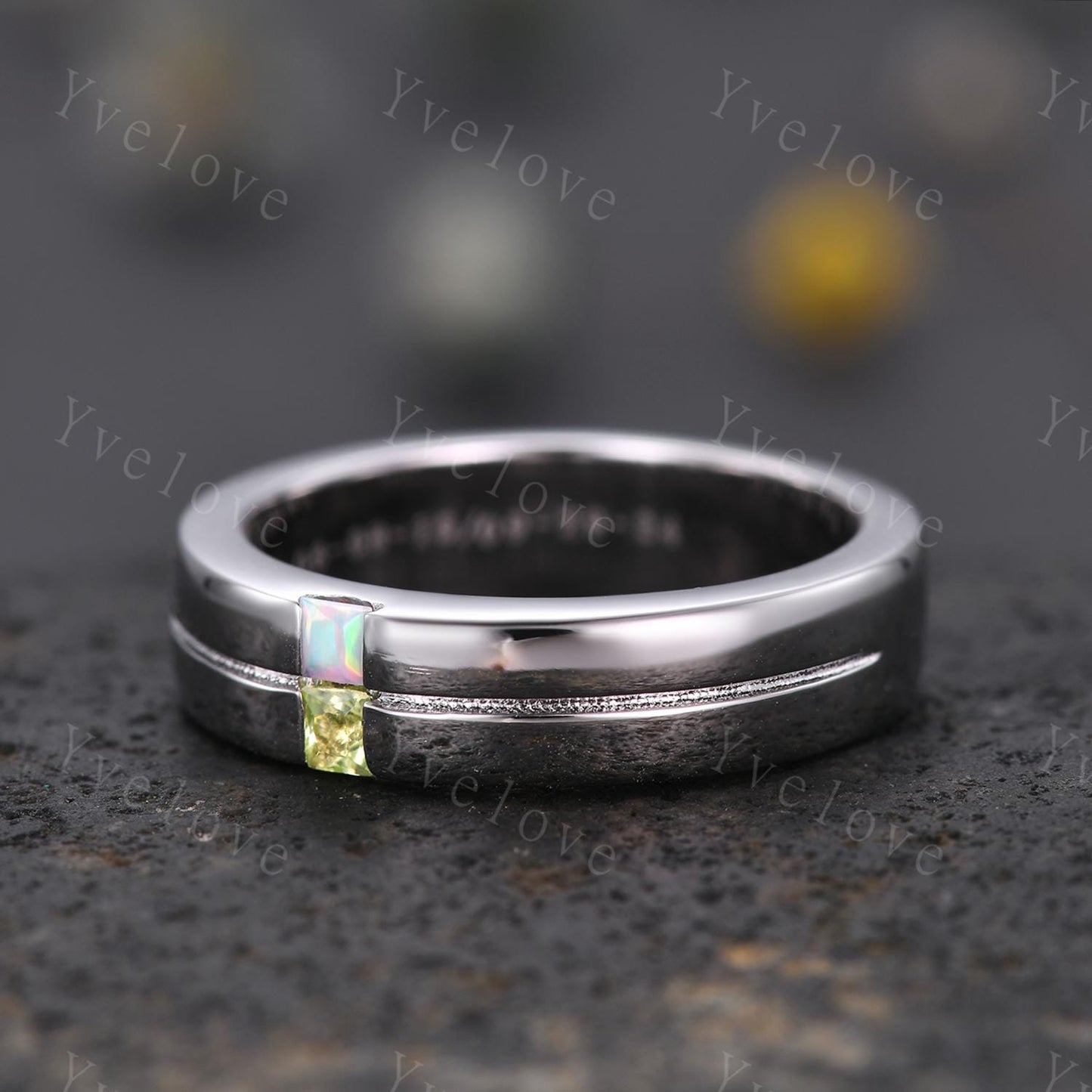 Mens Opal Peridot Wedding Band Princess Cut Peridot Band 5mm 925 Silver Ring Men Solitaire Stacking Matching Band Retro Vintage Ring Gift