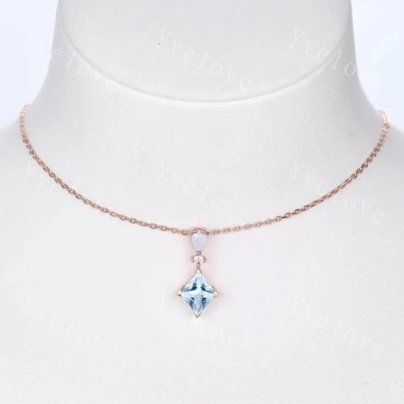 Vintage unique lozenge aquamarine necklace solid 14k rose gold opal diamond personalized pendant for women anniversary bridal gift for her