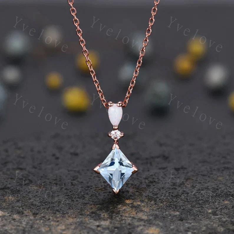 Vintage unique lozenge aquamarine necklace solid 14k rose gold opal diamond personalized pendant for women anniversary bridal gift for her