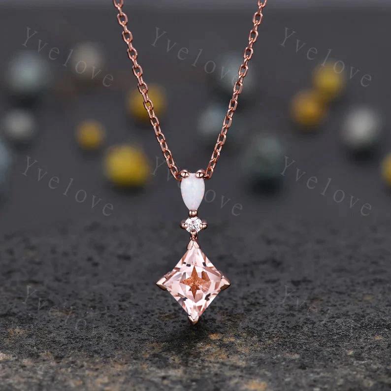 Vintage unique lozenge pink sapphire necklace 14k rose gold opal diamond personalized pendant for women anniversary bridal gift for women