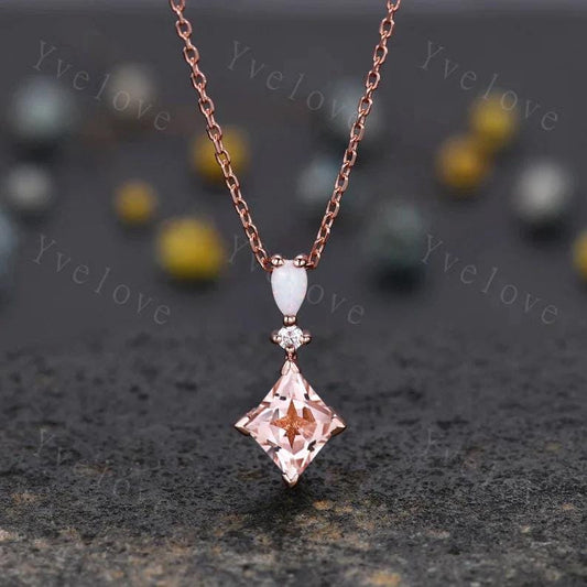 Vintage unique lozenge peach morganite necklace 14k rose gold opal diamond personalized pendant for women anniversary bridal gift for women