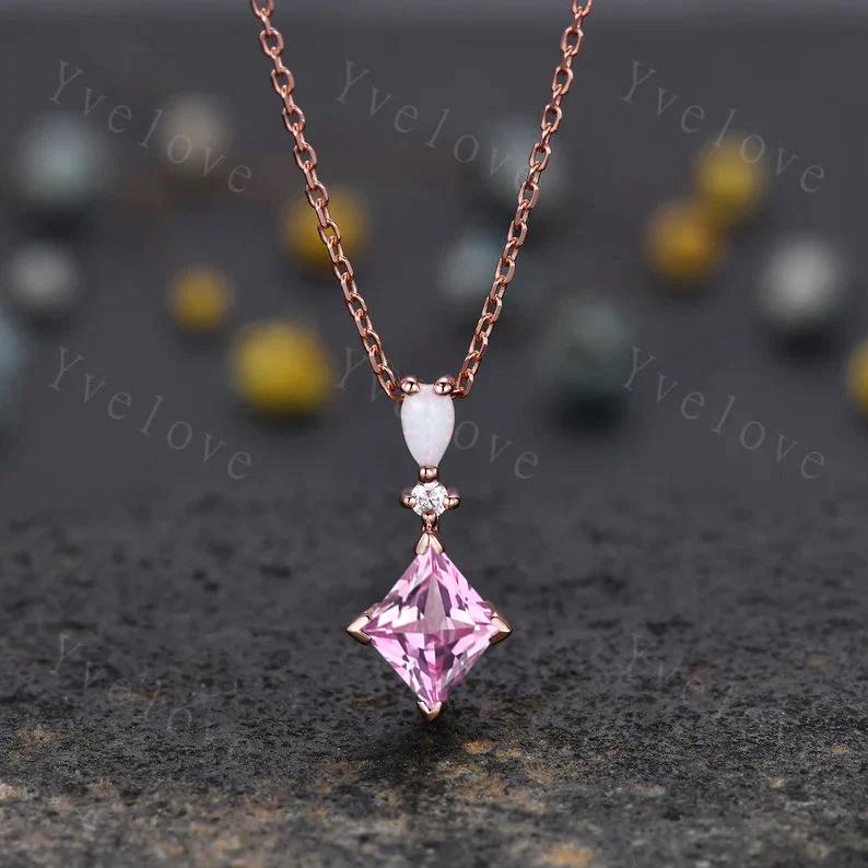 Vintage unique lozenge pink cz necklace 10k rose gold opal diamond personalized pendant for women anniversary necklace bridal gift for women