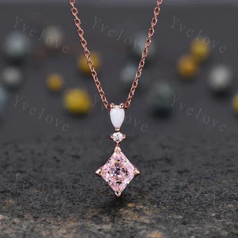 Vintage unique lozenge pink sapphire necklace 14k rose gold opal diamond personalized pendant for women anniversary bridal gift for women