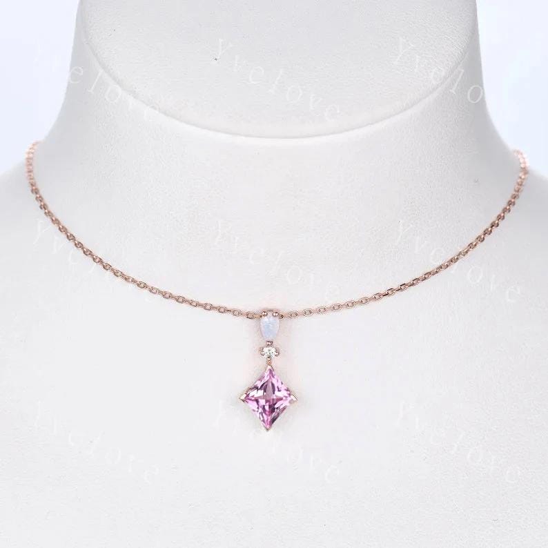Vintage unique lozenge pink sapphire necklace 14k rose gold opal diamond personalized pendant for women anniversary bridal gift for women