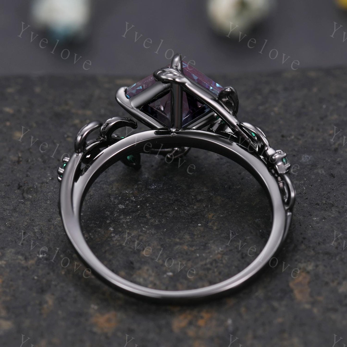 Vintage Princess Alexandrite Engagement Ring,14k Black Gold,Leaf Branch Emerald Wedding Ring,Gothic Anniversary Gift Promise Ring For Her