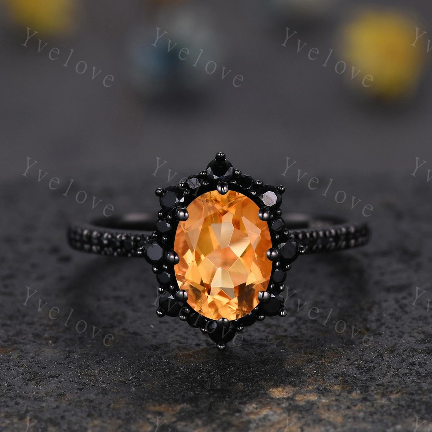 Gothic Oval Shape Citrine Engagement Ring Set,Black Gold Black Diamond Promise Ring Set Unique Rhodium Black Witchy Ring Bridal Set Gift