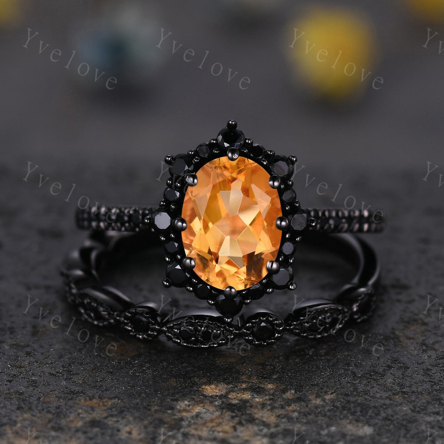 Gothic Oval Shape Citrine Engagement Ring Set,Black Gold Black Diamond Promise Ring Set Unique Rhodium Black Witchy Ring Bridal Set Gift