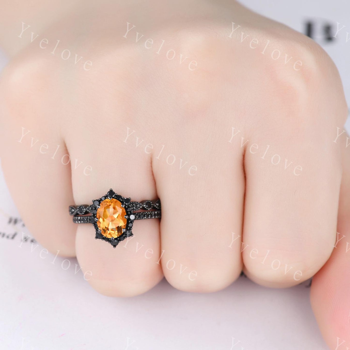 Gothic Oval Shape Citrine Engagement Ring Set,Black Gold Black Diamond Promise Ring Set Unique Rhodium Black Witchy Ring Bridal Set Gift