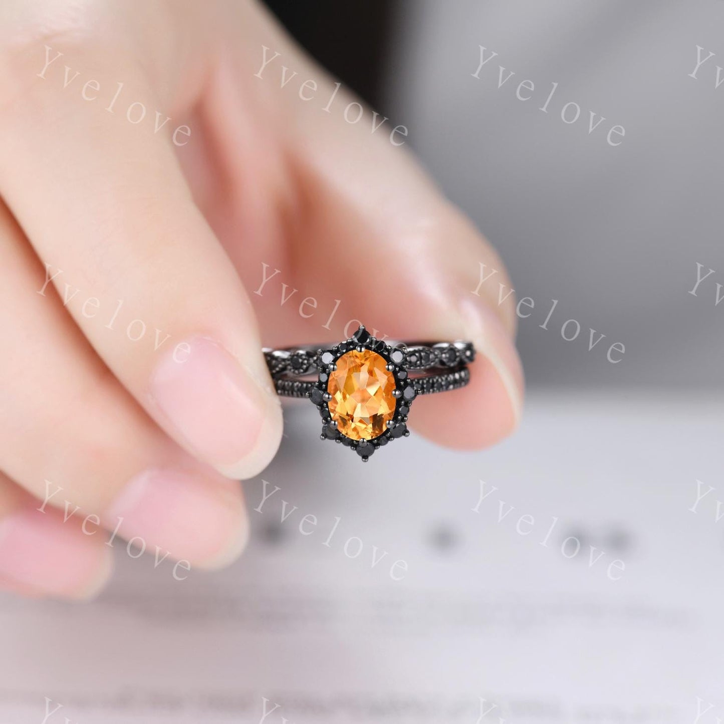 Gothic Oval Shape Citrine Engagement Ring Set,Black Gold Black Diamond Promise Ring Set Unique Rhodium Black Witchy Ring Bridal Set Gift