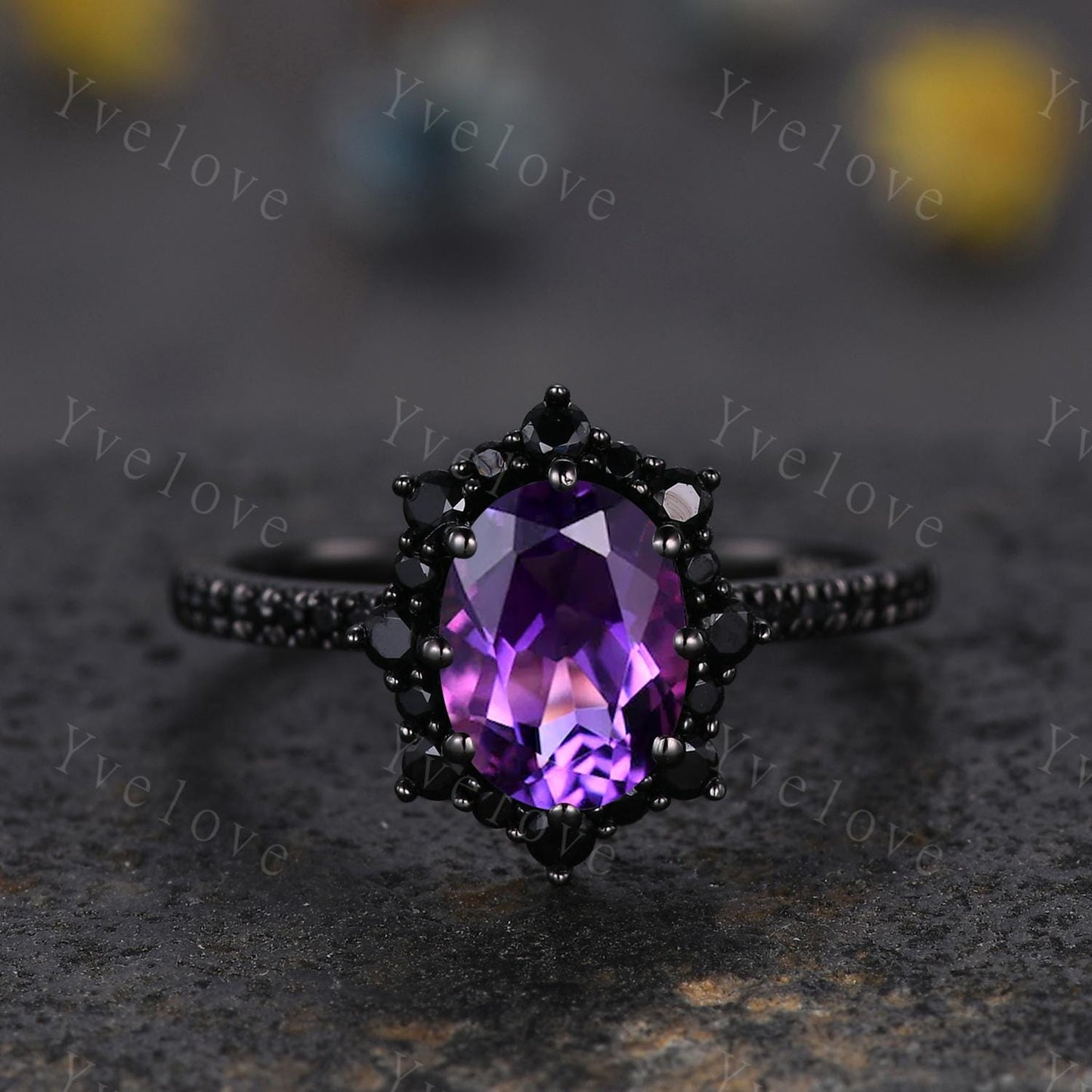 Gothic Oval Shape Amethyst Engagement Ring Set,Black Gold Black Diamond Promise Ring Set Unique Rhodium Black Witchy Ring Bridal Set Gift