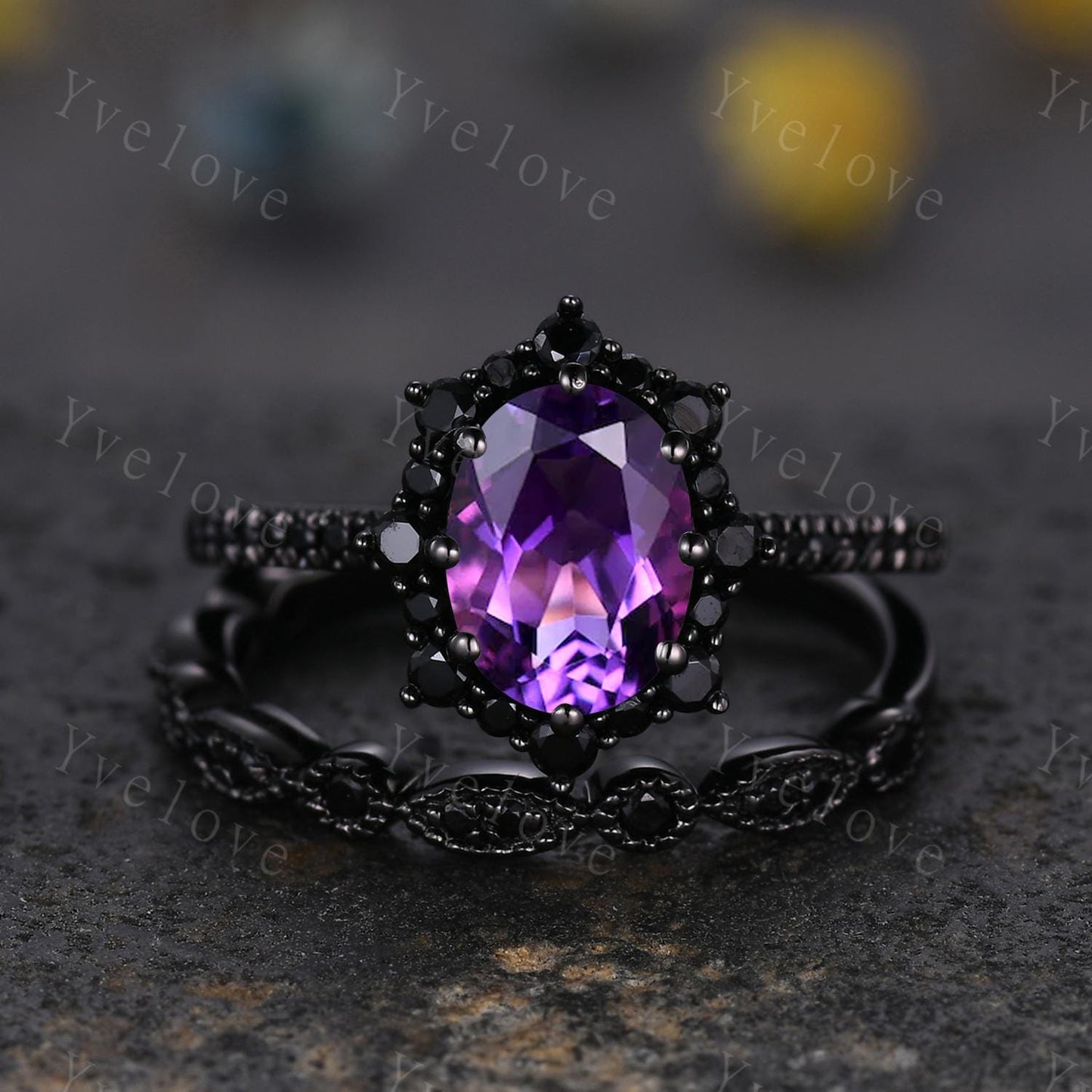 Gothic Oval Shape Amethyst Engagement Ring Set,Black Gold Black Diamond Promise Ring Set Unique Rhodium Black Witchy Ring Bridal Set Gift