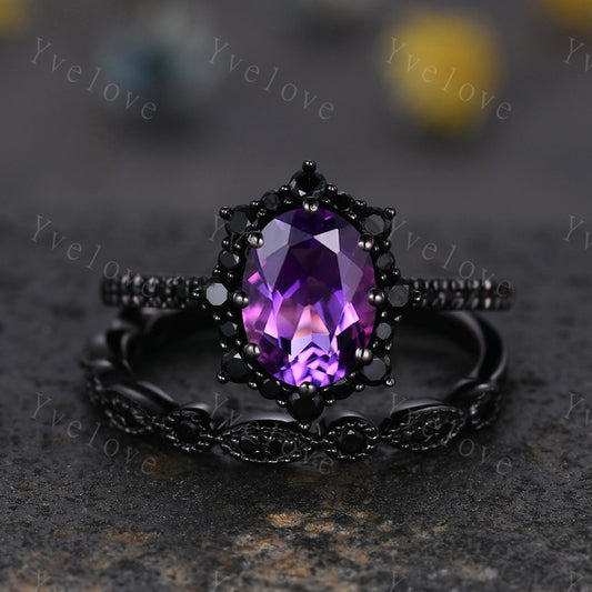 Gothic Oval Shape Amethyst Engagement Ring Set,Black Gold Black Diamond Promise Ring Set Unique Rhodium Black Witchy Ring Bridal Set Gift