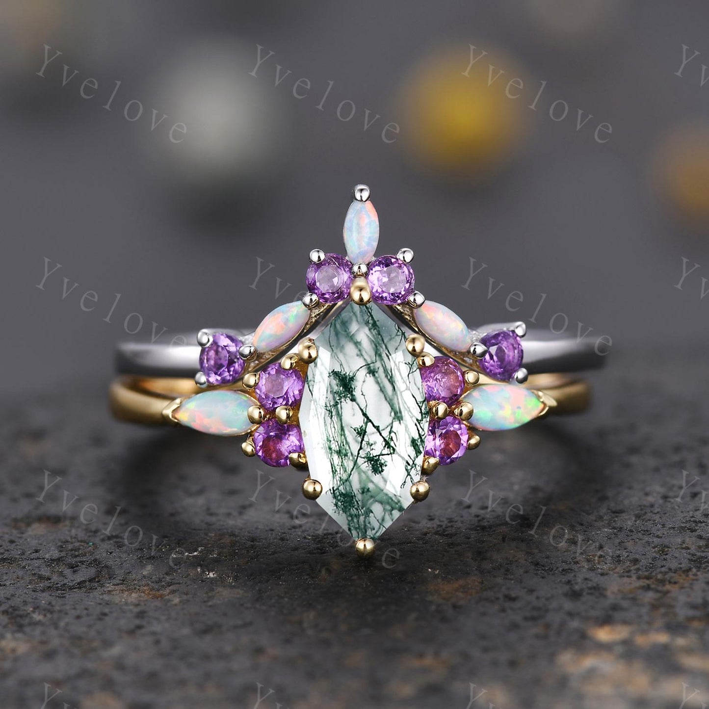 Vintage marquise moss agate engagement ring,Unique green agate wedding ring,Art deco opal amethyst matching stacking band rings for women