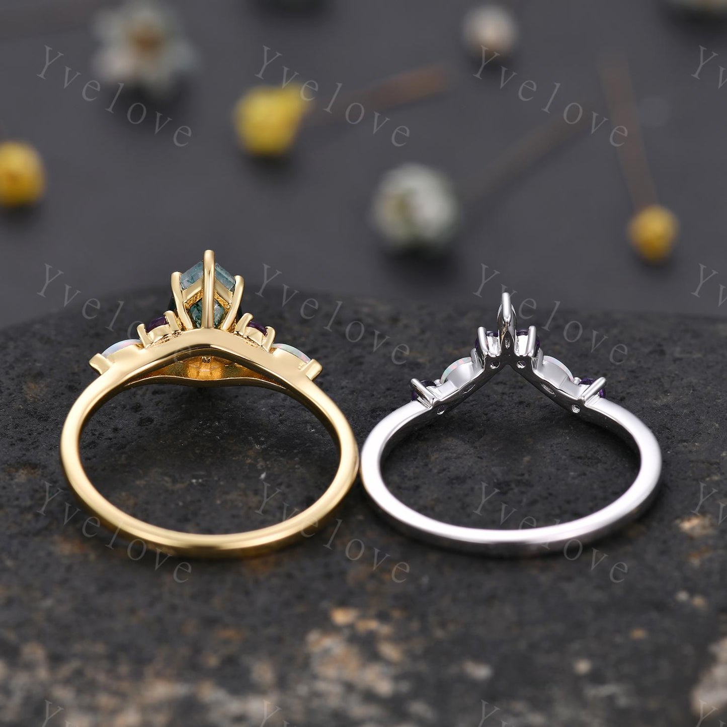 Vintage marquise moss agate engagement ring set,Unique green agate wedding set,Art deco opal amethyst matching stacking band rings for women