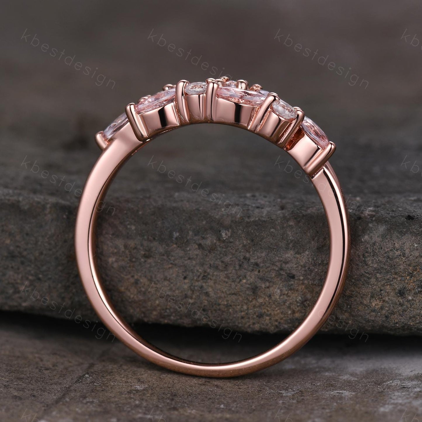 Pink Morganite cluster wedding band Unique marquise cut wedding band Vintage Moissanite ring Rose gold ring Anniversary gift for Her