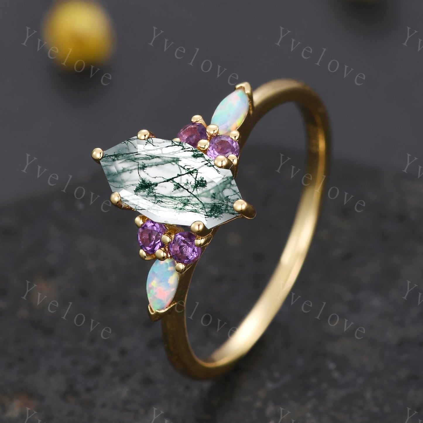 Vintage marquise moss agate engagement ring,Unique green agate wedding ring,Art deco opal amethyst matching stacking band rings for women