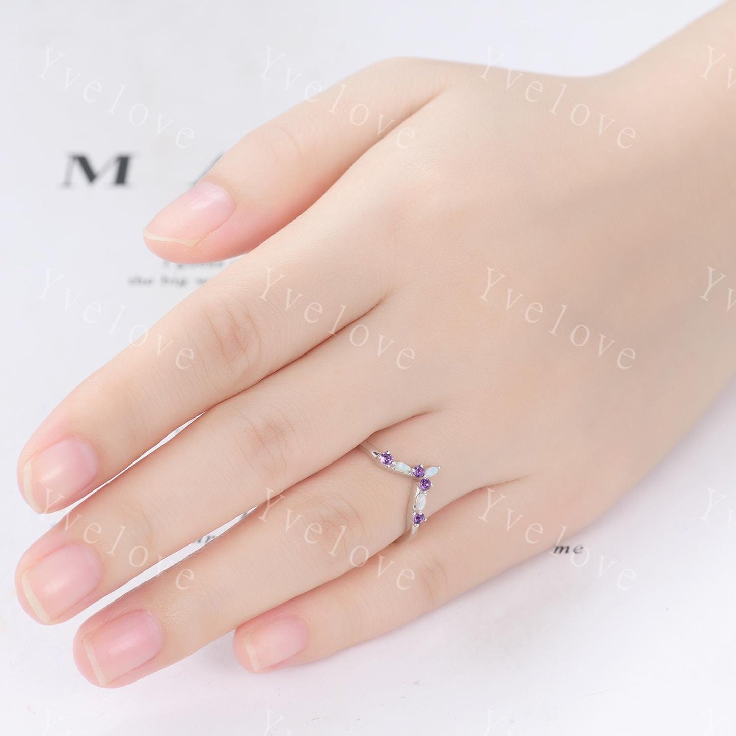 Opal Amethyst Wedding Ring Match Stacking ring V Curved Wedding Band Sterling Silver Marquise Opal Ring Promise Jewelry Anniversary Gift