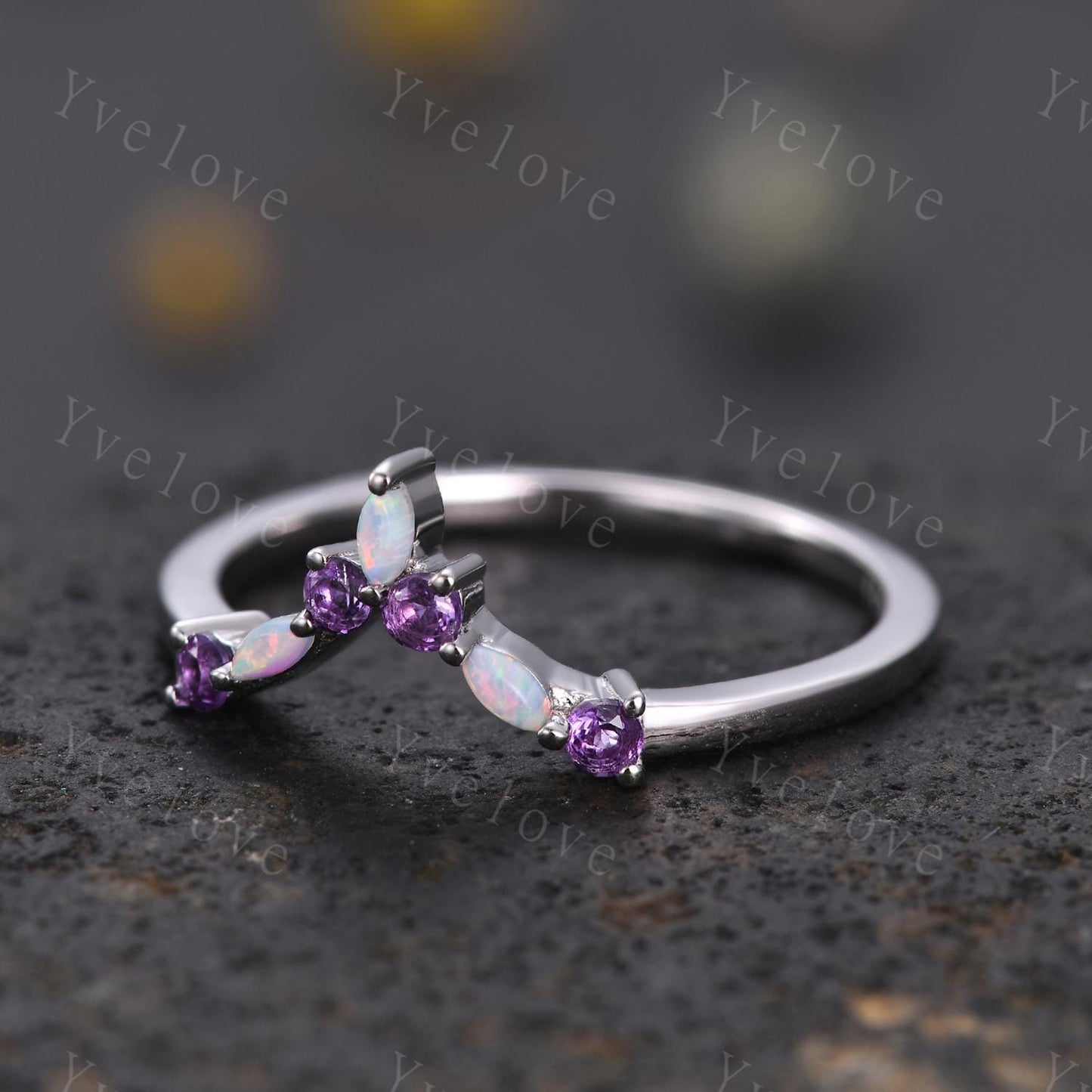 Opal Amethyst Wedding Ring Match Stacking ring V Curved Wedding Band Sterling Silver Marquise Opal Ring Promise Jewelry Anniversary Gift