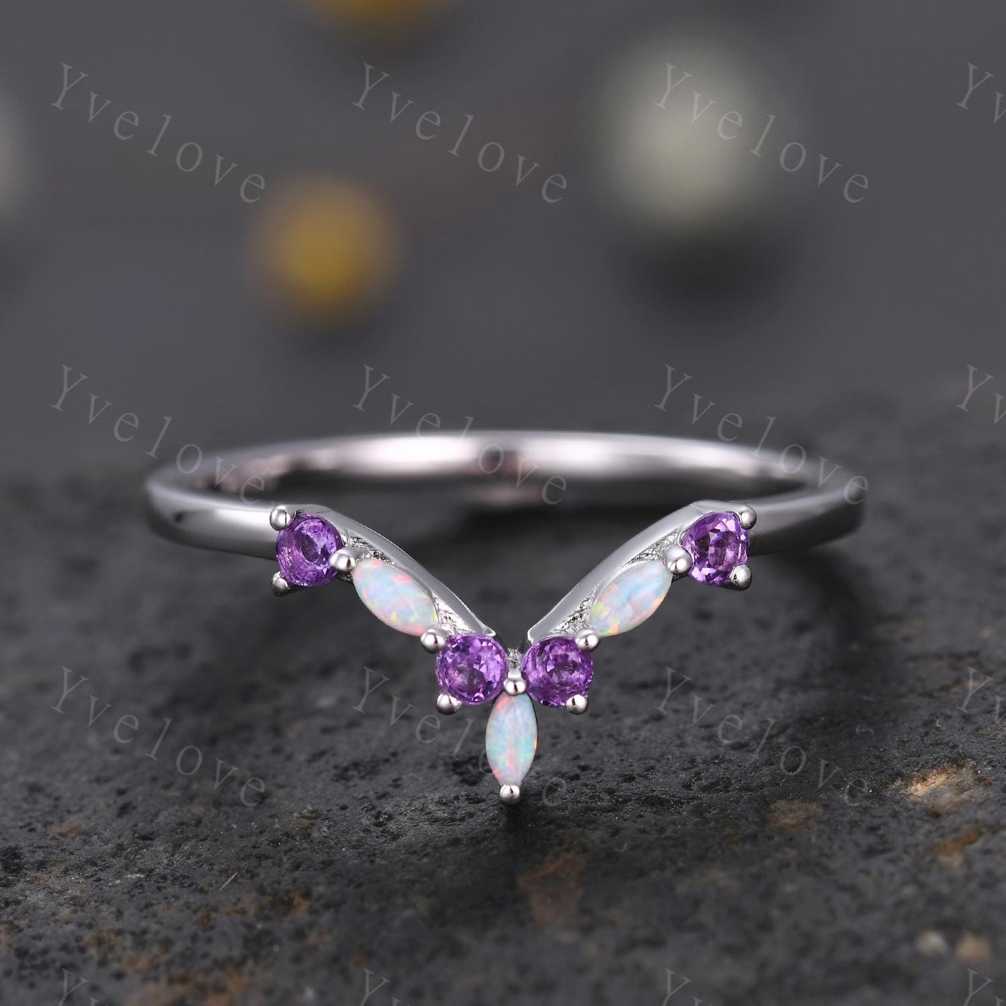 Opal Amethyst Wedding Ring Match Stacking ring V Curved Wedding Band Sterling Silver Marquise Opal Ring Promise Jewelry Anniversary Gift