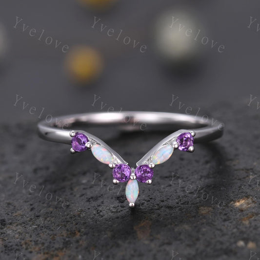 Opal Amethyst Wedding Ring Match Stacking ring V Curved Wedding Band Sterling Silver Marquise Opal Ring Promise Jewelry Anniversary Gift