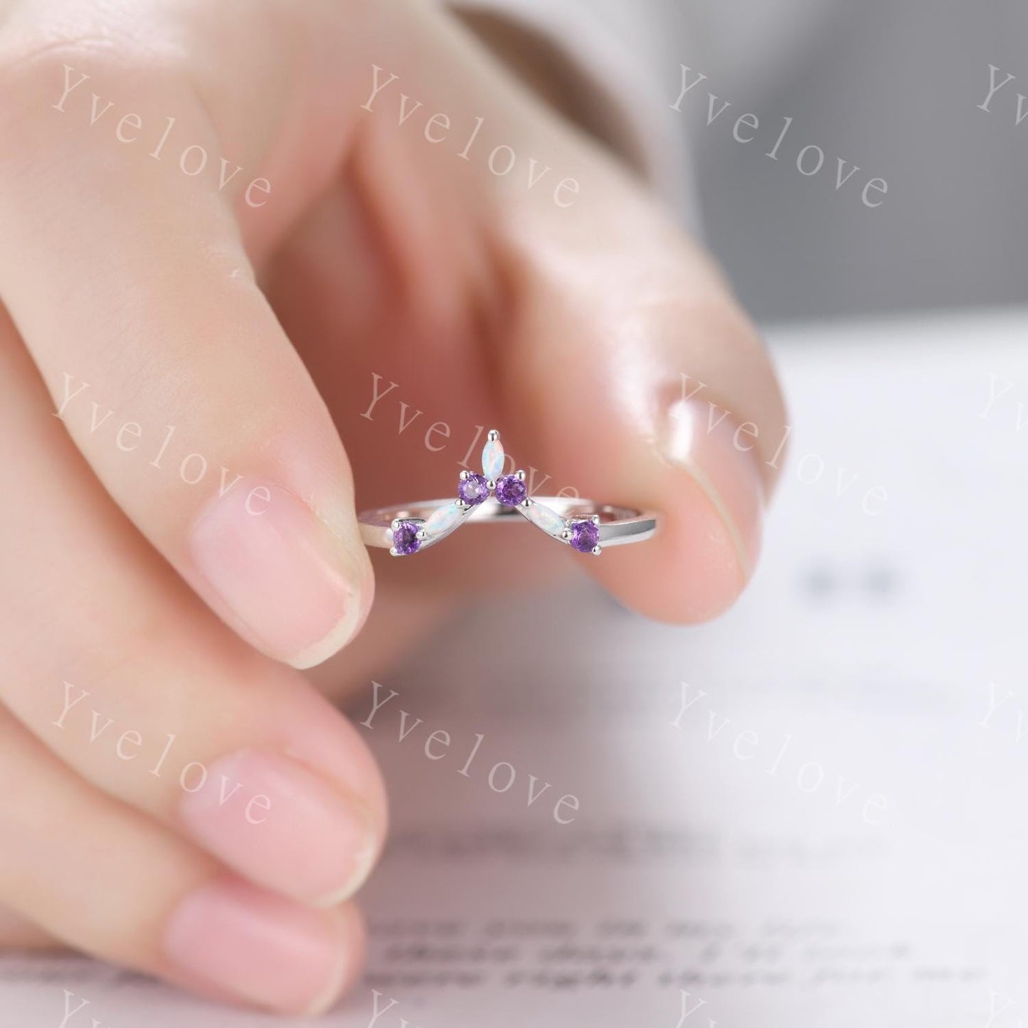 Opal Amethyst Wedding Ring Match Stacking ring V Curved Wedding Band Sterling Silver Marquise Opal Ring Promise Jewelry Anniversary Gift