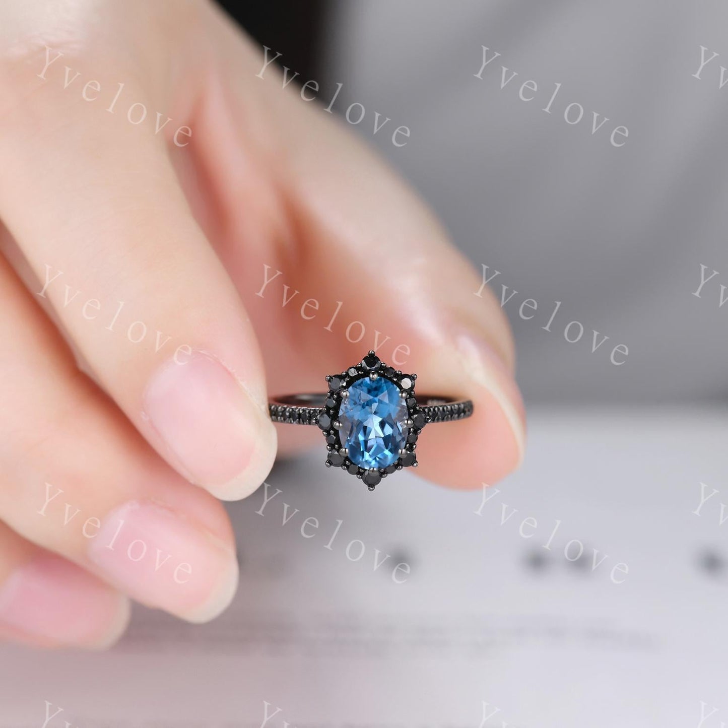Gothic Oval London Blue Topaz Engagement Ring Set,Black Gold Black Diamond Promise Ring Set Unique Rhodium Black Witchy Ring Bridal Set Gift