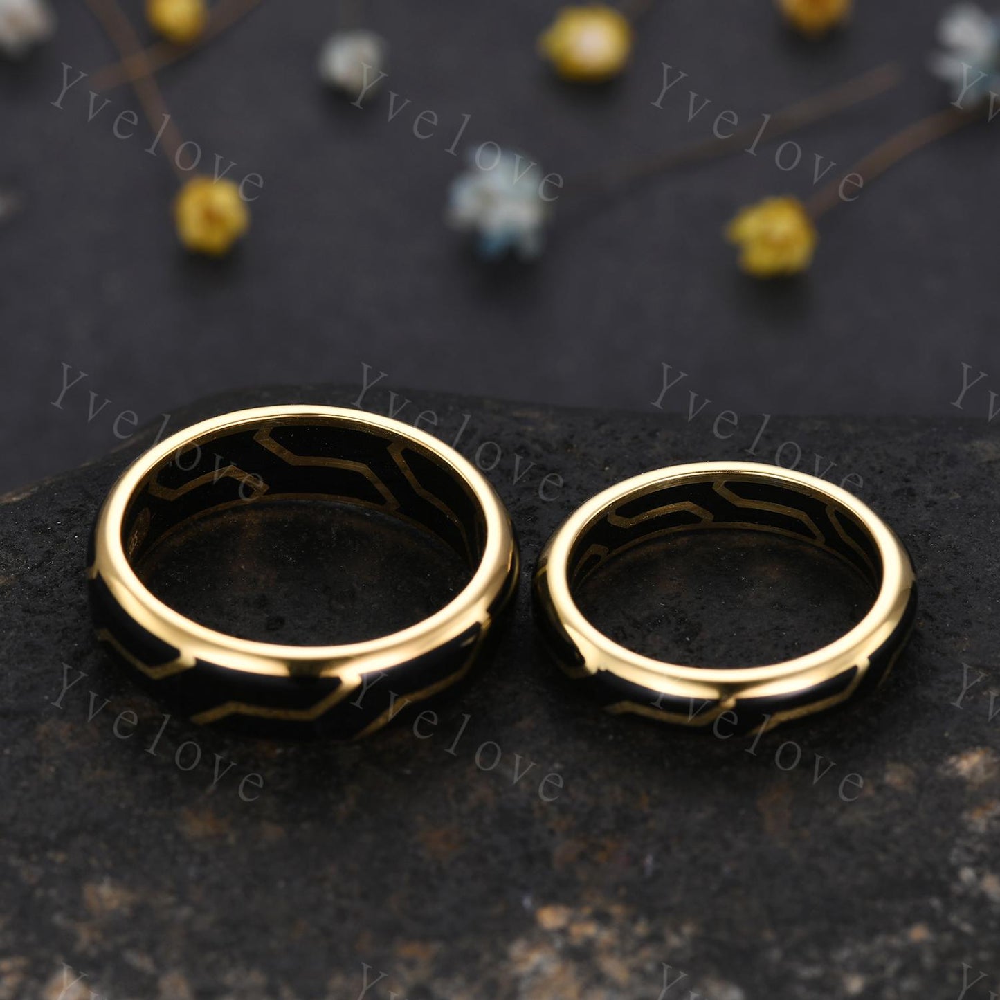 Couples ring set black enamel coating ring for men and women black onyx wedding band gold promise stacking matching Band retro vintage Gift