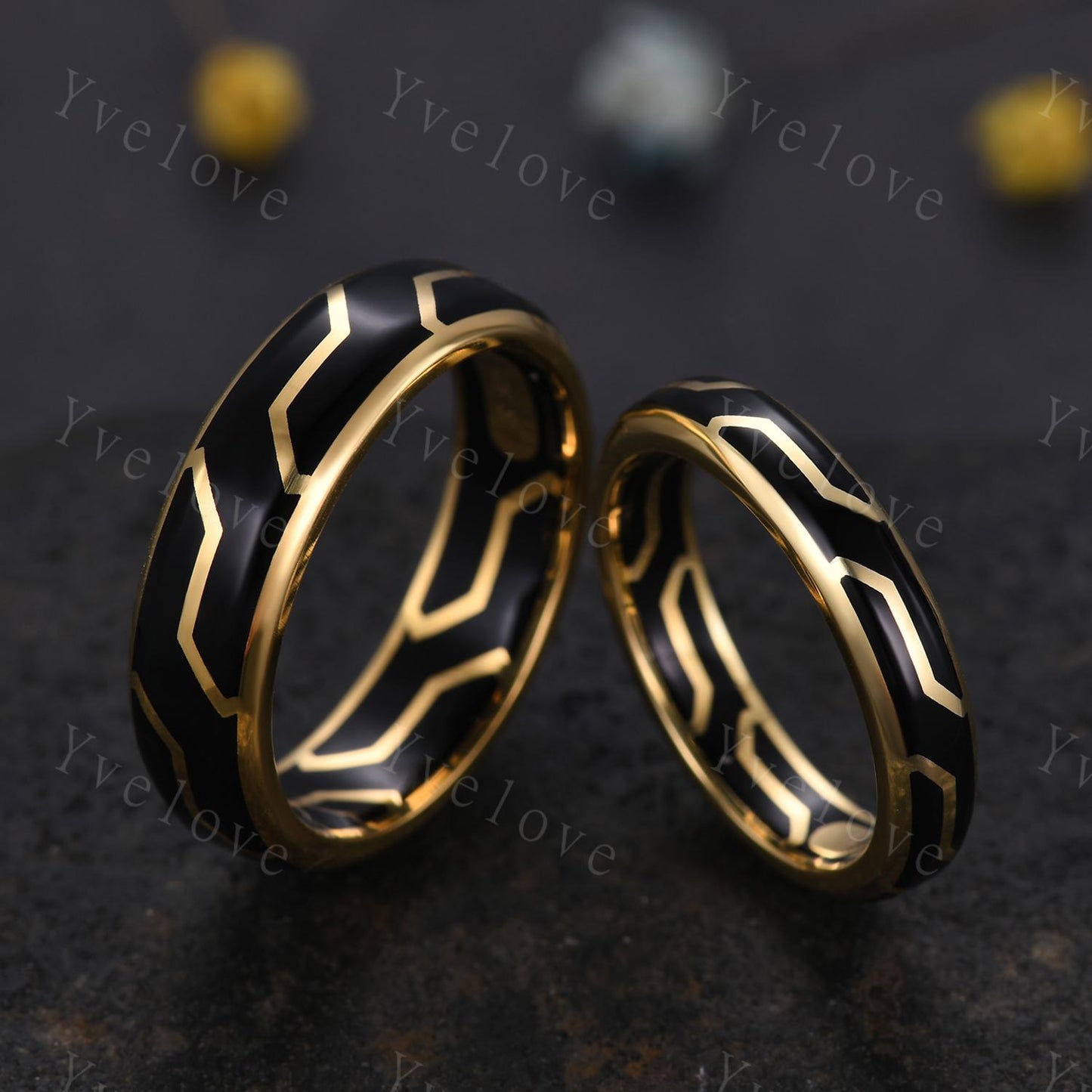 Couples ring set black enamel coating ring for men and women black onyx wedding band gold promise stacking matching Band retro vintage Gift