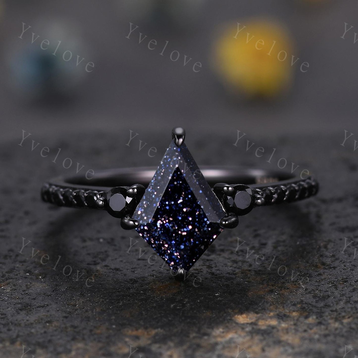 Retro Kite Blue Sandstone Engagement Ring,Vintage Black Silver Ring Set,Unique Black Spinel Diamond Promise Ring Anniversary Gift For Her