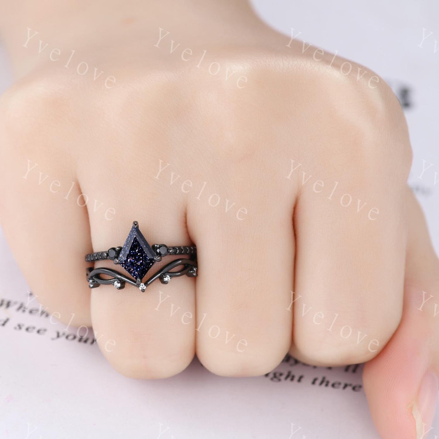 Retro Kite Blue Sandstone Engagement Ring,Vintage Black Silver Ring Set,Unique Black Spinel Diamond Promise Ring Anniversary Gift For Her