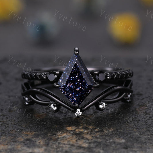 Retro Kite Blue Sandstone Engagement Ring,Vintage Black Silver Ring Set,Unique Black Spinel Diamond Promise Ring Anniversary Gift For Her