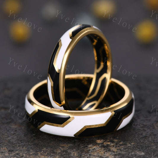 Couples ring set black enamel coating ring for men and women white enamel wedding band promise stacking matching Band retro vintage Gift