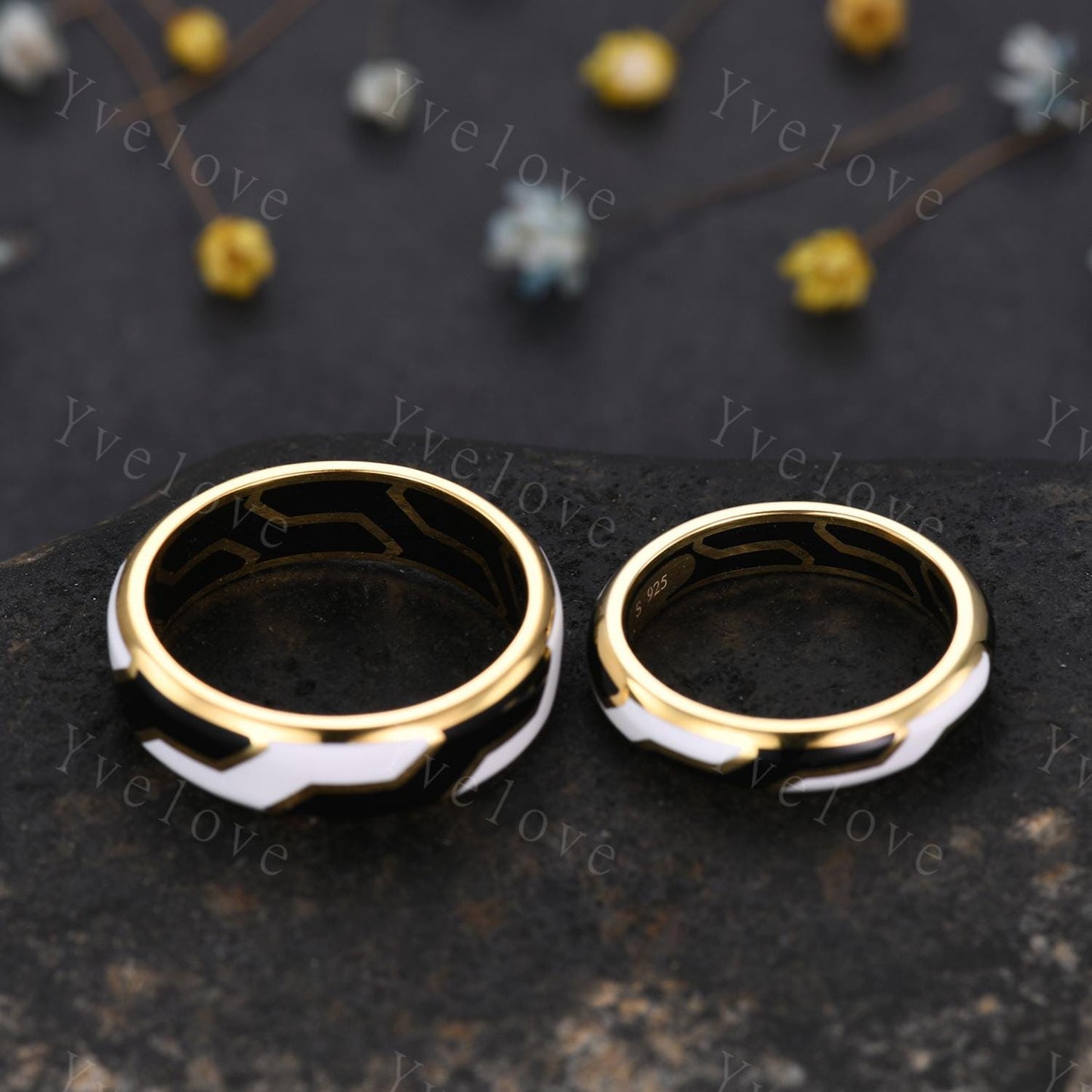 Couples ring set black enamel coating ring for men and women white enamel wedding band promise stacking matching Band retro vintage Gift