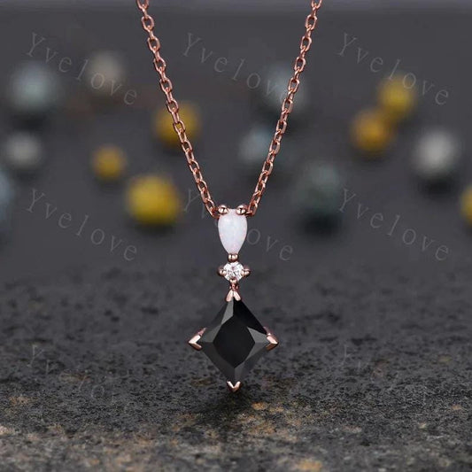 Vintage unique lozenge black onyx necklace solid 14k rose gold opal diamond personalized pendant for women anniversary bridal gift for her