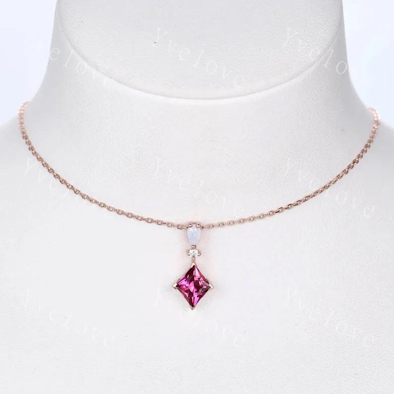 Vintage unique lozenge pink tourmaline necklace 14k rose gold opal diamond personalized pendant for women anniversary bridal gift for women