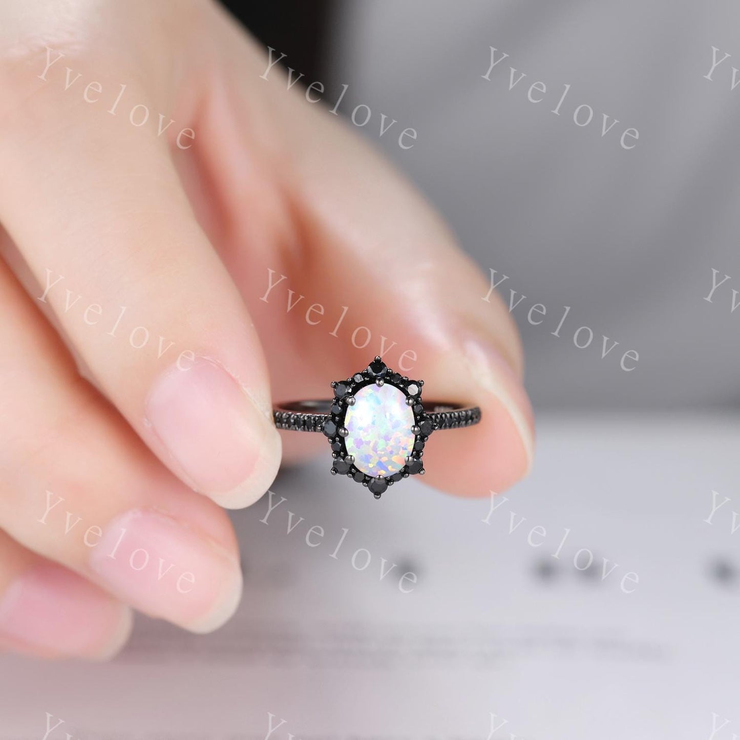 Gothic Oval Shape White Opal Engagement Ring Set,Black Gold Black Diamond Promise Ring Set Unique Rhodium Black Witchy Ring Bridal Set Gift