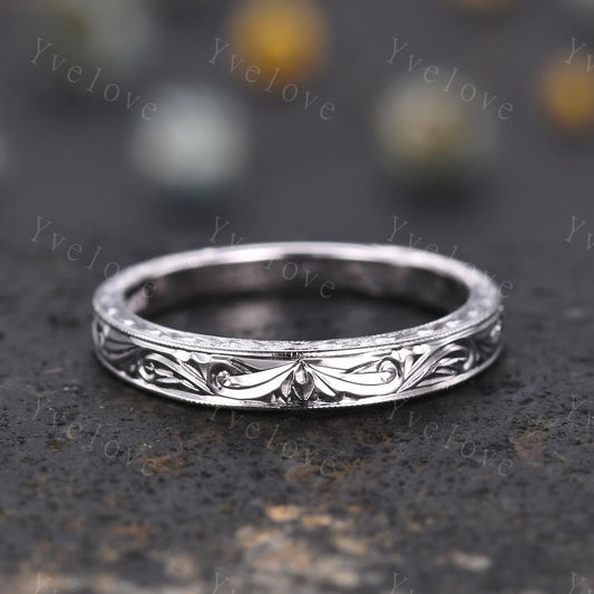 3mm 14k Plain White Gold Ring Filigree Milgrain Edge Wedding Band Stacking Matching Band Retro Vintage Anniversary Ring Gift For Men Women