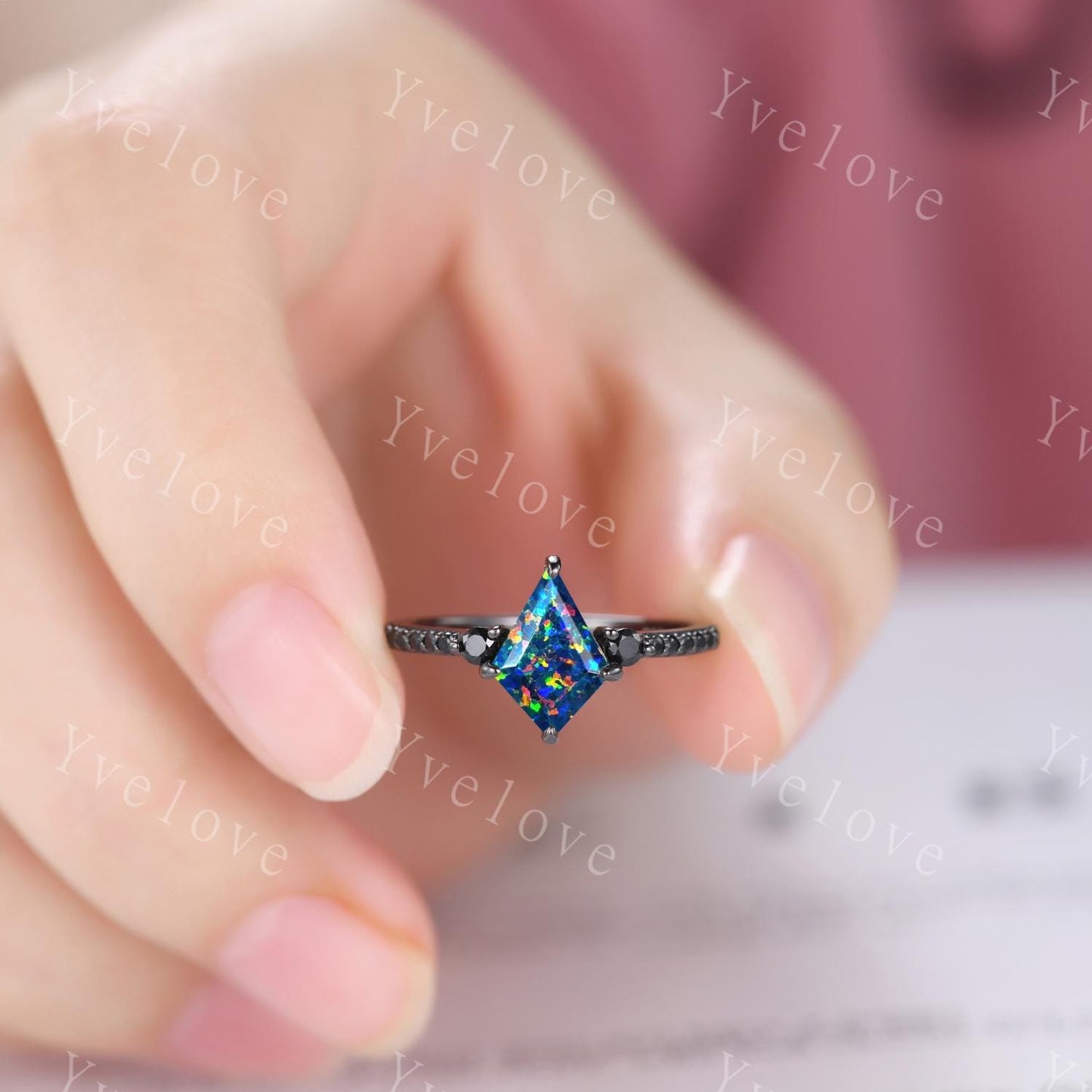 Retro Kite Black Opal Engagement Ring,Vintage Nature Inspired Black Silver Ring,Unique Black Spinel Diamond Promise Ring Anniversary Gift