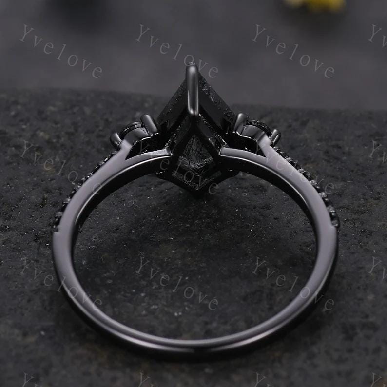 Retro Kite Black Opal Engagement Ring,Vintage Nature Inspired Black Silver Ring,Unique Black Spinel Diamond Promise Ring Anniversary Gift