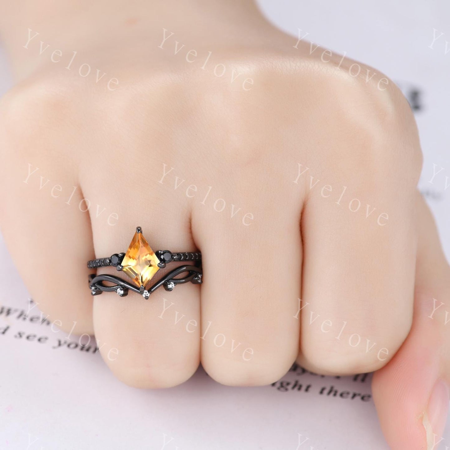 Retro Kite Cut Citrine Engagement Ring,Vintage Nature Inspired Black Silver Ring,Unique Black Spinel Diamond Promise Ring Anniversary Gift