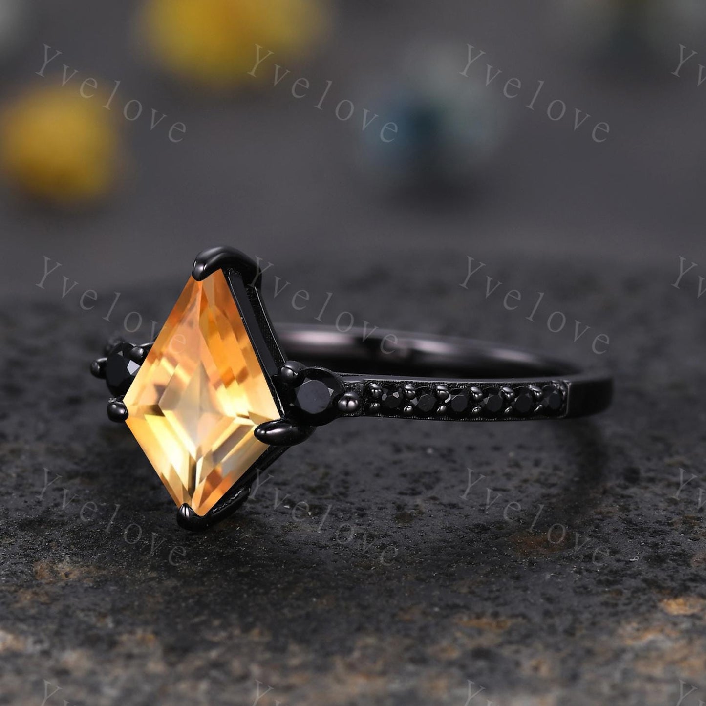 Retro Kite Cut Citrine Engagement Ring,Vintage Nature Inspired Black Silver Ring,Unique Black Spinel Diamond Promise Ring Anniversary Gift