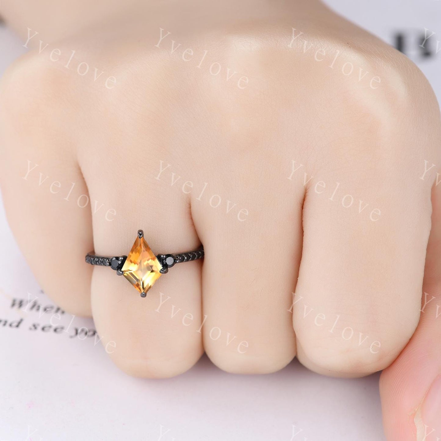 Retro Kite Cut Citrine Engagement Ring,Vintage Nature Inspired Black Silver Ring,Unique Black Spinel Diamond Promise Ring Anniversary Gift