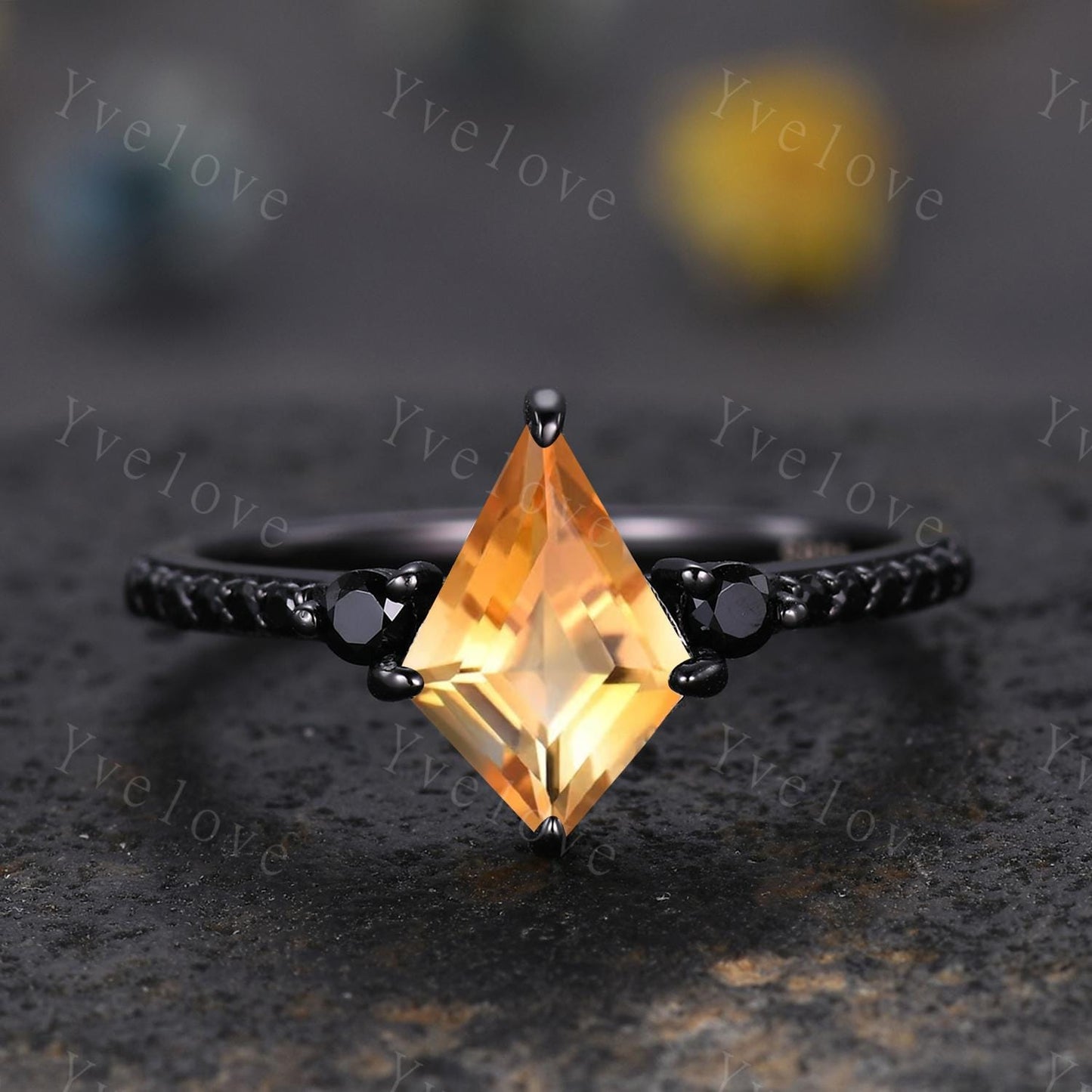 Retro Kite Cut Citrine Engagement Ring,Vintage Nature Inspired Black Silver Ring,Unique Black Spinel Diamond Promise Ring Anniversary Gift