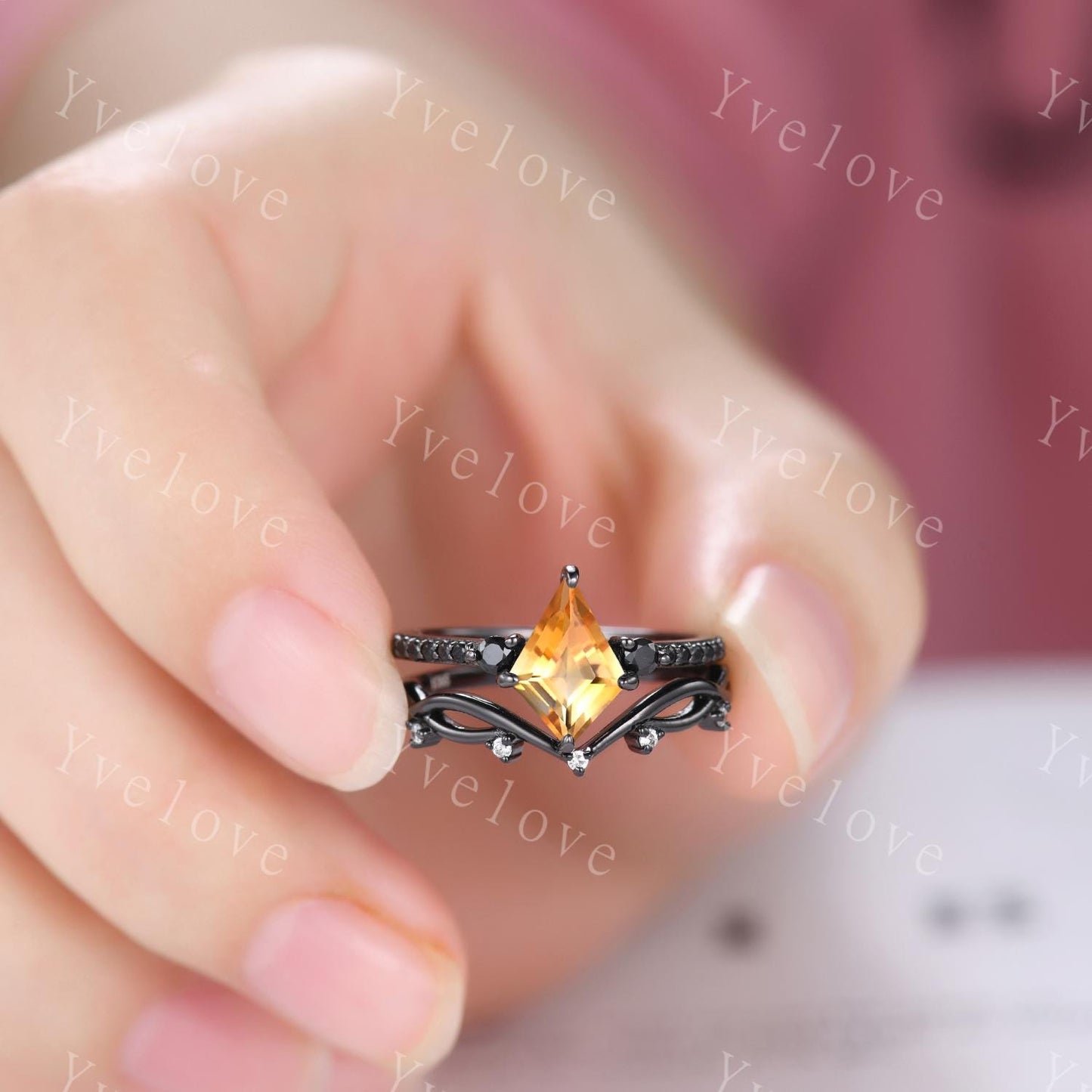 Retro Kite Cut Citrine Engagement Ring,Vintage Nature Inspired Black Silver Ring,Unique Black Spinel Diamond Promise Ring Anniversary Gift