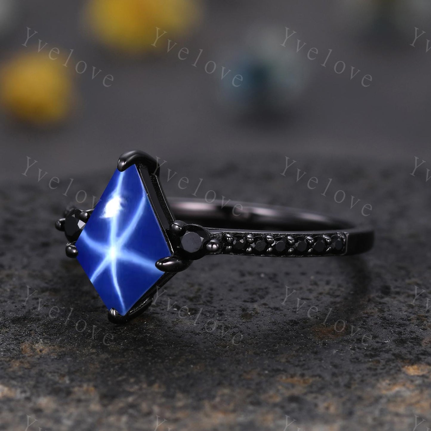 Retro Kite Star Sapphire Engagement Ring,Vintage Lindy Star Ring Black Silver Band,Unique Black Spinel Diamond Promise Ring Anniversary Gift