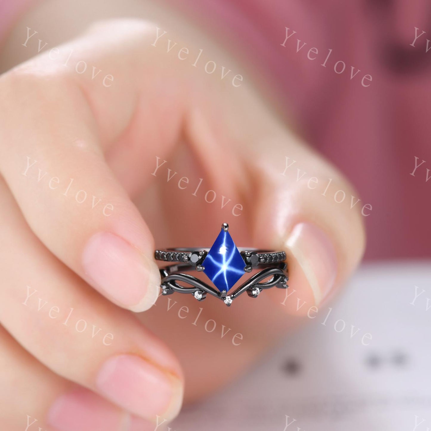 Retro Kite Star Sapphire Engagement Ring,Vintage Lindy Star Ring Black Silver Band,Unique Black Spinel Diamond Promise Ring Anniversary Gift