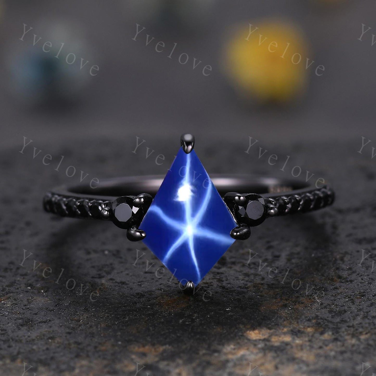 Retro Kite Star Sapphire Engagement Ring,Vintage Lindy Star Ring Black Silver Band,Unique Black Spinel Diamond Promise Ring Anniversary Gift