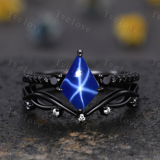 Retro Kite Star Sapphire Engagement Ring,Vintage Lindy Star Ring Black Silver Band,Unique Black Spinel Diamond Promise Ring Anniversary Gift