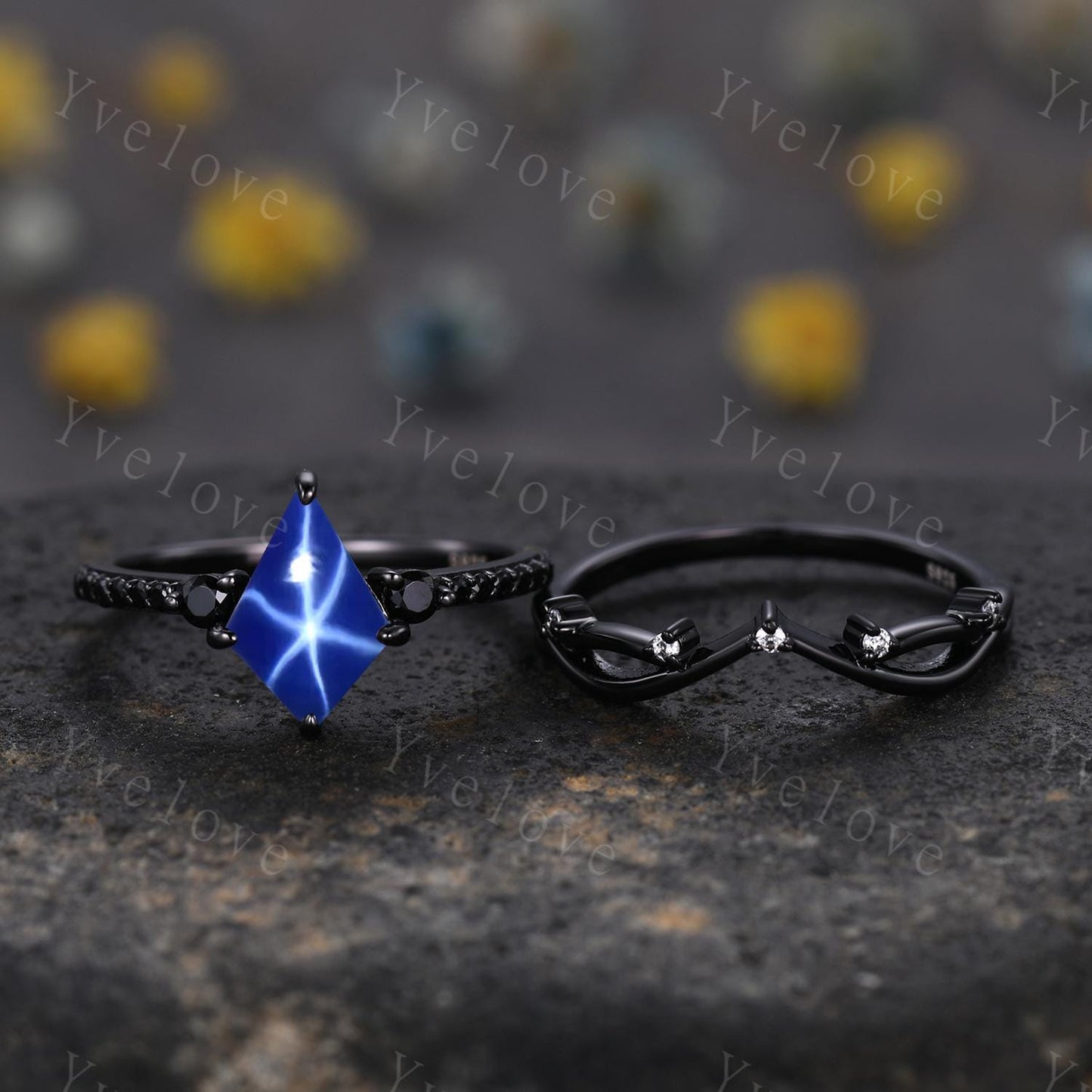 Retro Kite Star Sapphire Engagement Ring,Vintage Lindy Star Ring Black Silver Band,Unique Black Spinel Diamond Promise Ring Anniversary Gift