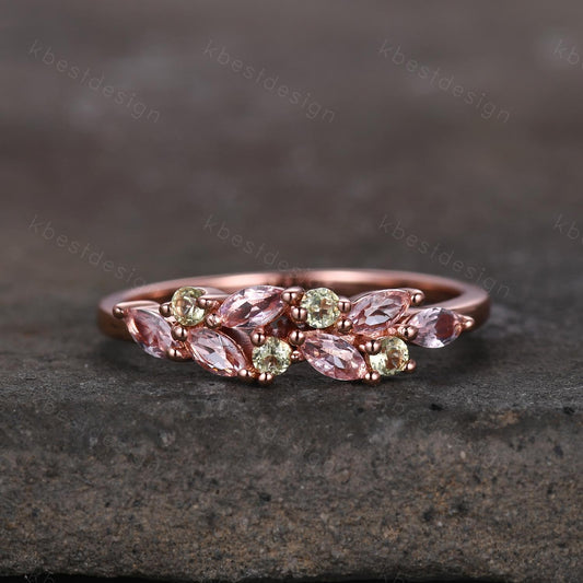 Pink Morganite peridot wedding band Unique marquise cut morganite wedding band Vintage Rose gold stacking ring Anniversary gift for Her